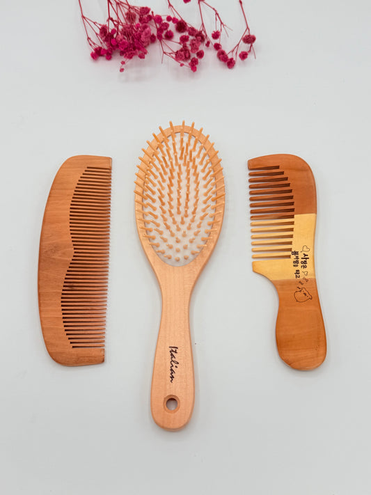 2 Wooden Combs + 1 Large Wooden Hair Brush - Anti Hair Fall Combo